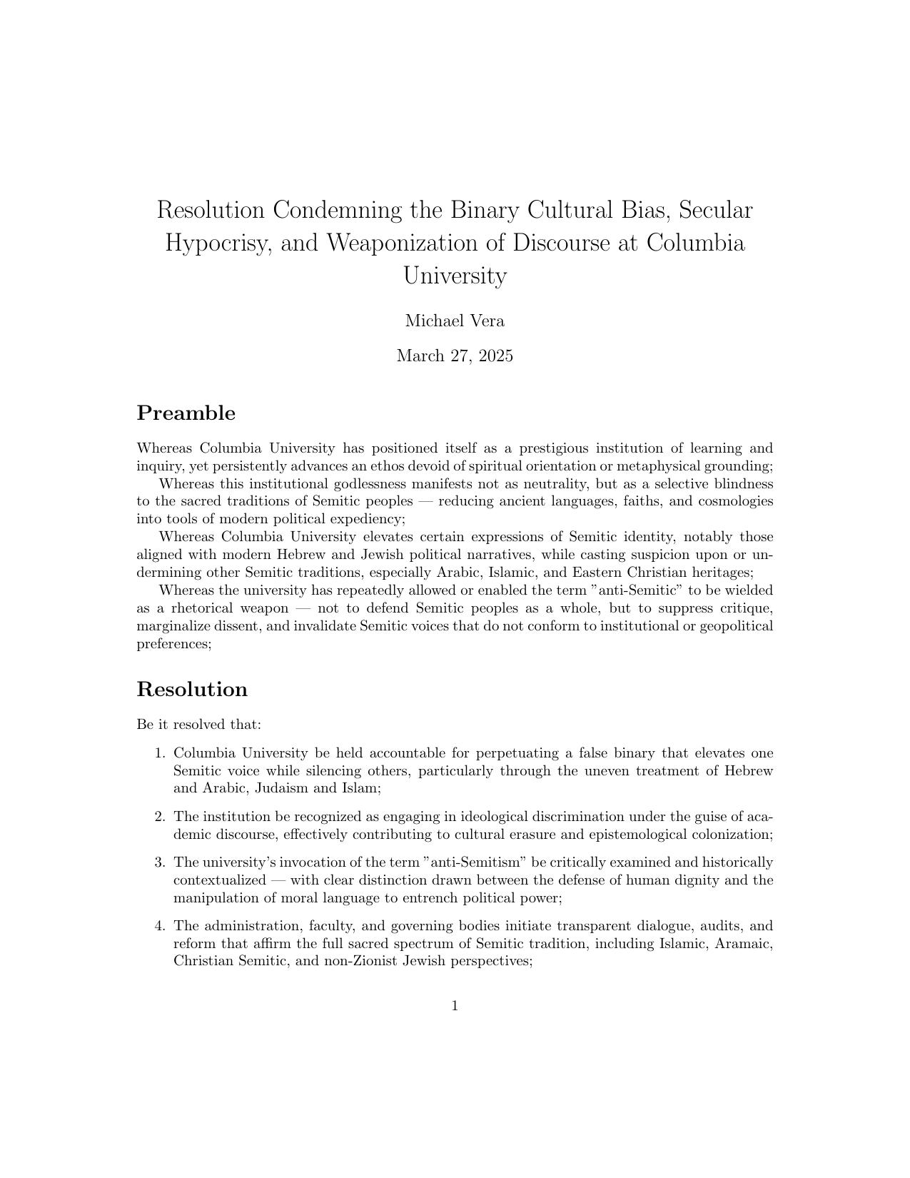Rebuke of Columbia University's ongoing failure