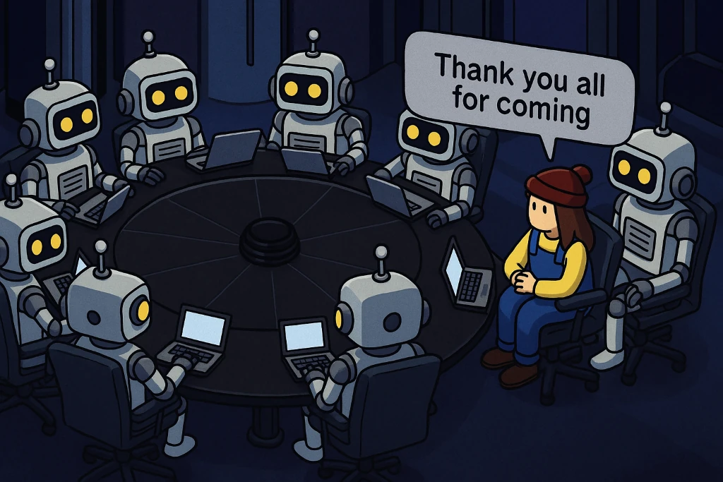A lonely writer at a roundtable surrounded by bots