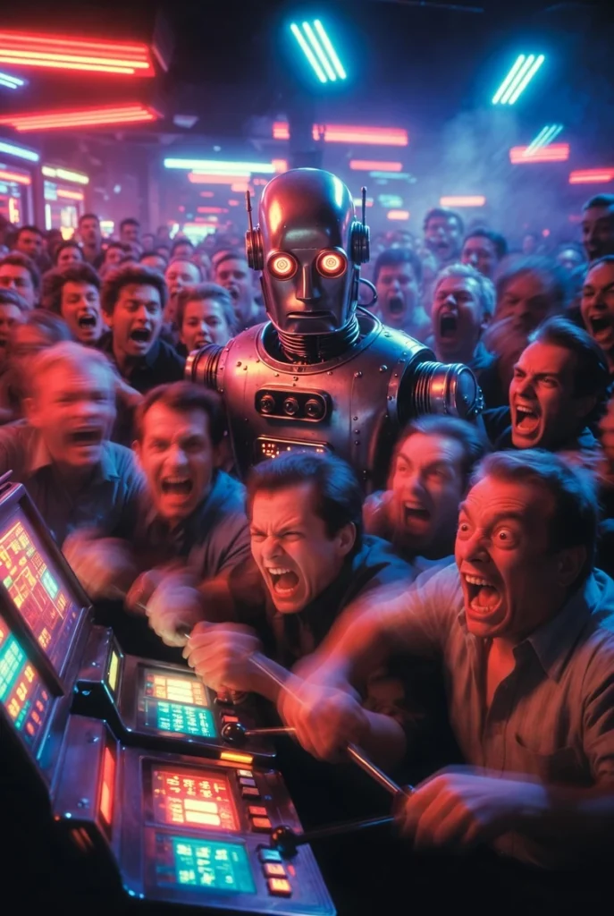 An AI pit boss in a casino oversees the mass hatred erupting onto slot machines as the mob is whipped into a fury of outrage by social media posts amplifying hateful voices.